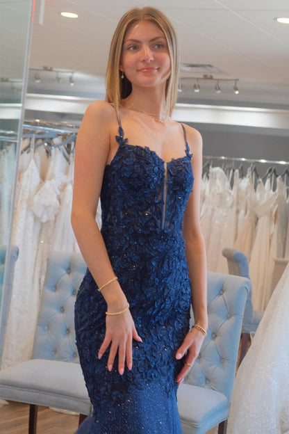 Mermaid Glitter Navy Blue Sequins Long Prom Dress with Appliques, PD25177