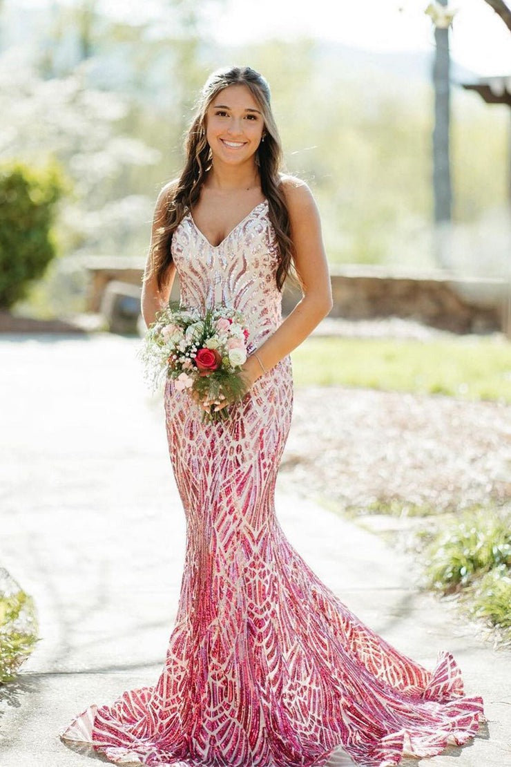 V Neck Glitter Mermaid Red Silver Sequins Long Prom Dresses, PD25077