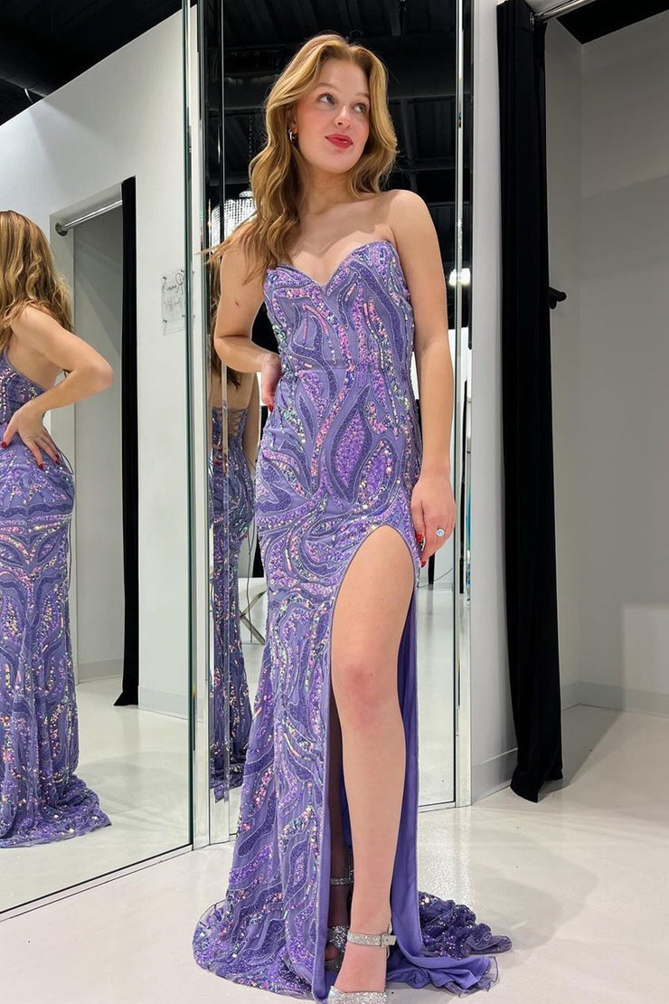 Blue Sequin Mermaid Strapless Long Prom Dress with Slit, PD25360