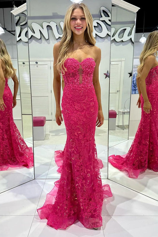 Mermaid Sweetheart Fuchsia Tulle Lace Long Prom Dress, PD25470