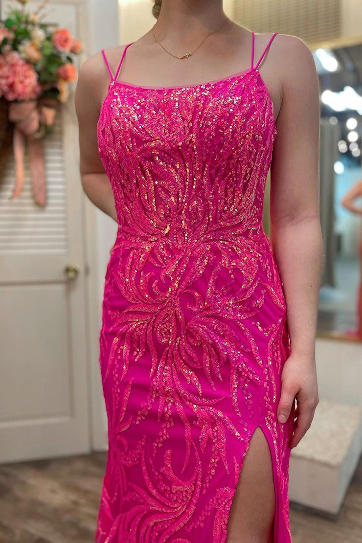 Fuchsia Sequins Lace Mermaid Scoop Neck Long Prom Dress, PD25430