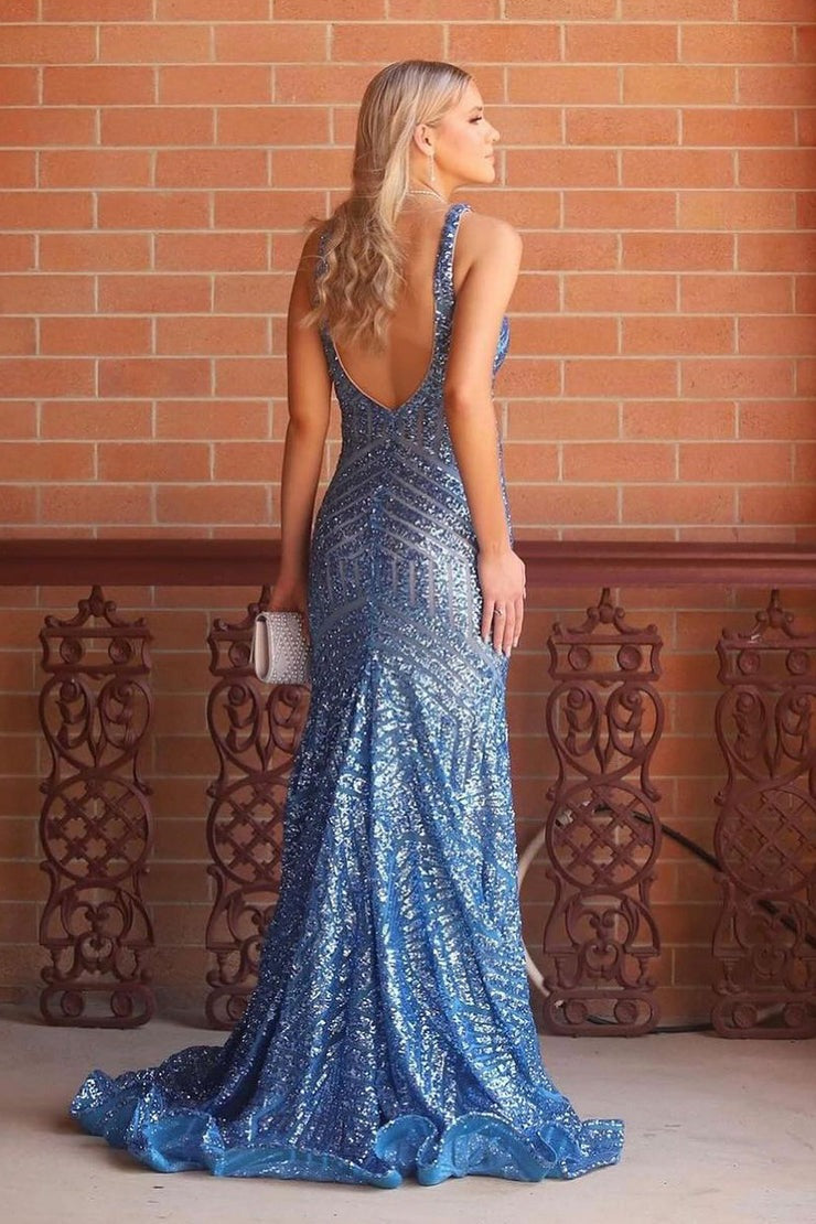 Blue Sequin Mermaid V Neck Long Prom Dress, PD25489
