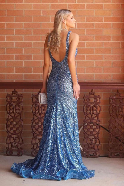 Blue Sequin Mermaid V Neck Long Prom Dress, PD25489