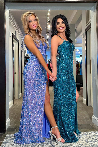 Sparkly Mermaid Scoop Neck Sequins Long Prom Dress with Fringe, PD25380