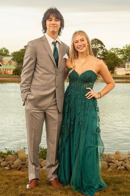 Hot Pink Strapless A-line Floral Appliques Long Prom Dress with Slit, PD25708