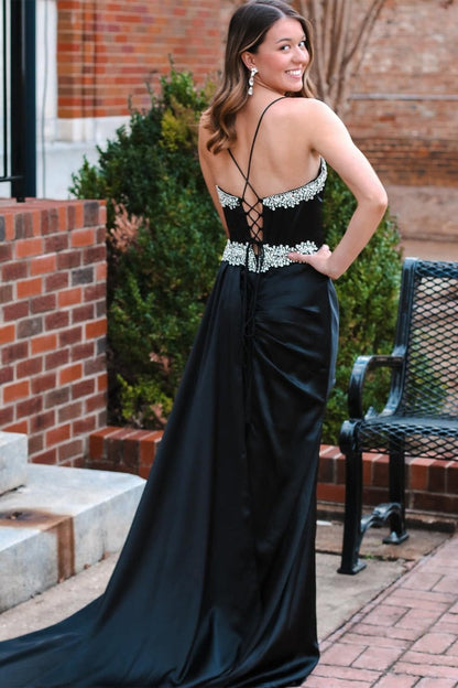 Black V-Neck Rhinestone Long Formal Dress with Attached Train, PD25689