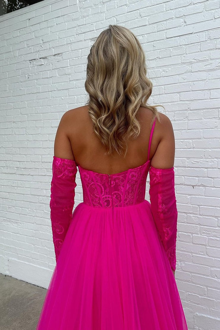 Hot Pink Tulle A - Line Long Prom Dress with Detachable Long Sleeves and Lace, PD25510