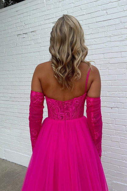 Hot Pink Tulle A - Line Long Prom Dress with Detachable Long Sleeves and Lace, PD25510