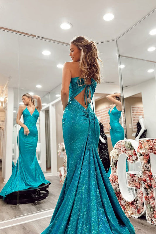 Blue Halter Mermaid Sequins Long Prom Dress, PD25819