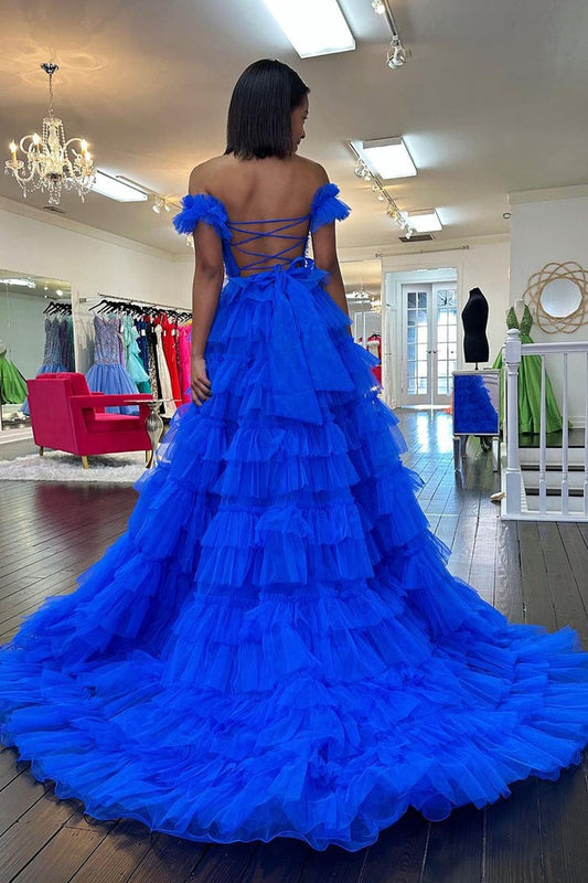 Royal Blue Tulle Off the Shoulder Ruffle Tiered Long Prom Dresses, PD25479