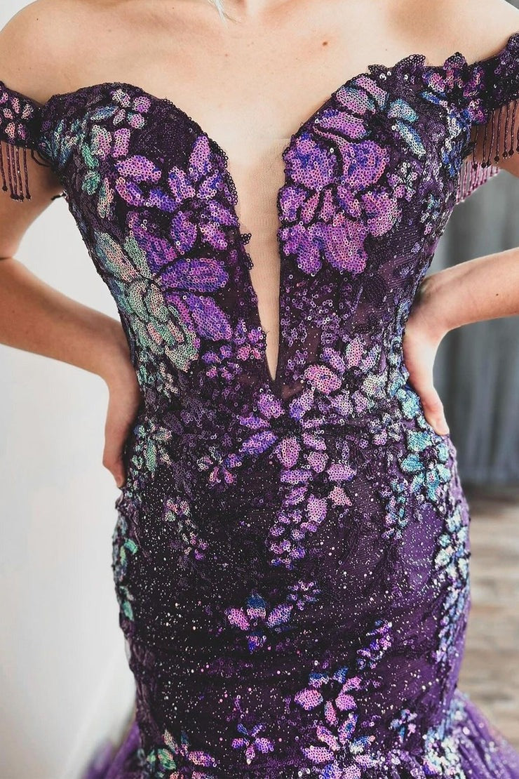 Grape Off the Shoulder Mermaid Sequin Lace Long Prom Dress, PD25700