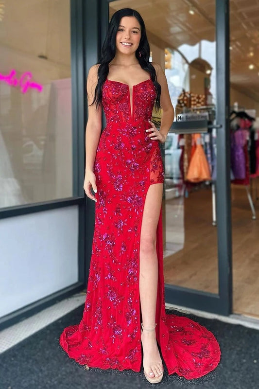 Red Mermaid Spaghetti Straps Stylish Corset Prom Dress with Split Front, PD25629