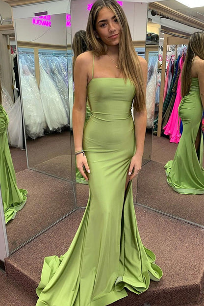 Sage Green Satin Mermaid Spaghetti Straps Long Prom Dresses, PD25400