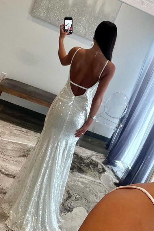 White Mermaid V Neck Sequins Long Prom Dresses with Appliques, PD25610