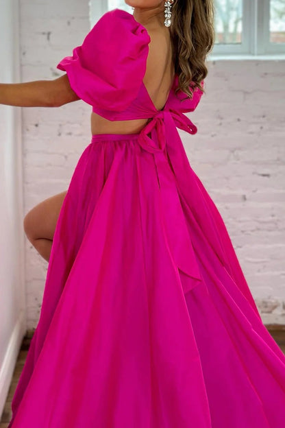 Hot Pink A - Line Long Prom Dress with Short Sleeves and Slit, PD25648