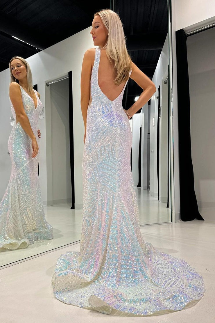 White Sequins Mermaid V Neck Long Prom Dress, PD25274