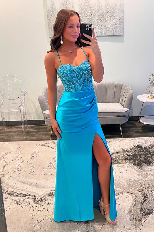 Blue Mermaid Straps Satin Slit Prom Dress with Appliques, PD25568