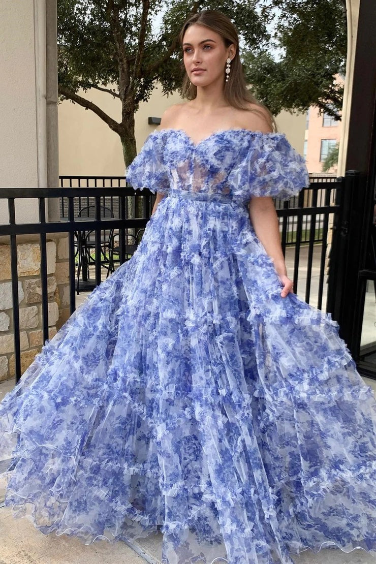 Off the Shoulder Blue Floral Print Ruffled Tulle Prom Dress Blue / 12