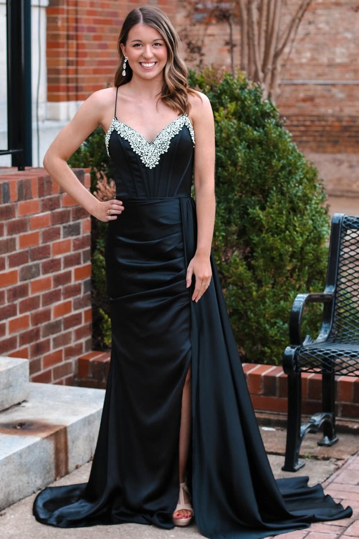 Black V-Neck Rhinestone Long Formal Dress with Attached Train, PD25689