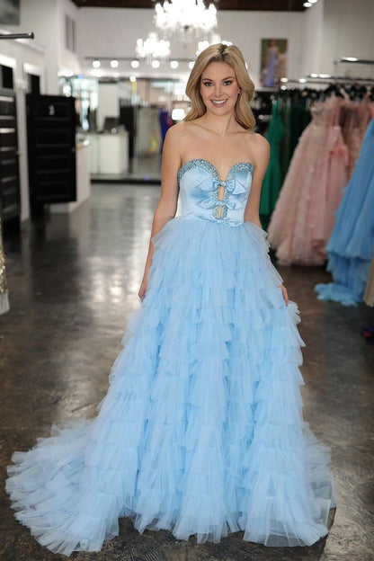 Tulle A-Line Strapless Ruffle Tiered Long Prom Dress, PD25420