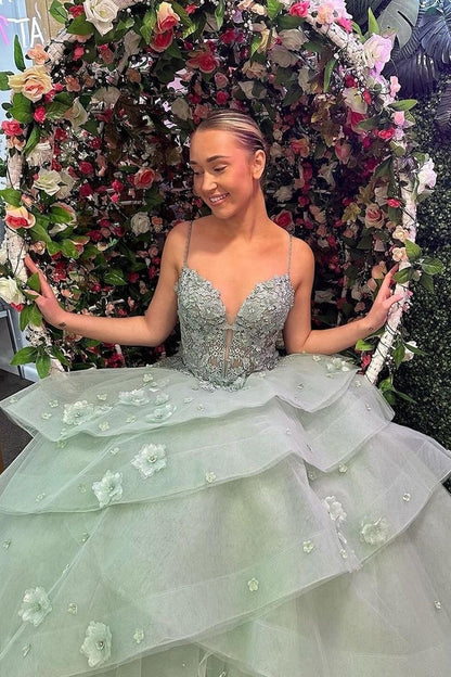 Green Sweetheart Tiered Ruffle Long Prom Dresses with Appliques, PD25539