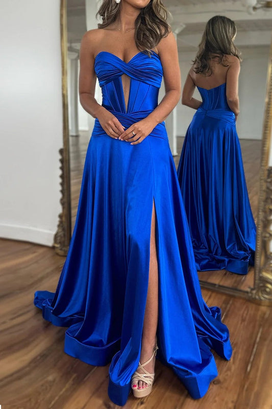 Royal Blue A - Line Corset Satin Long Prom Dress with Slit, PD25649