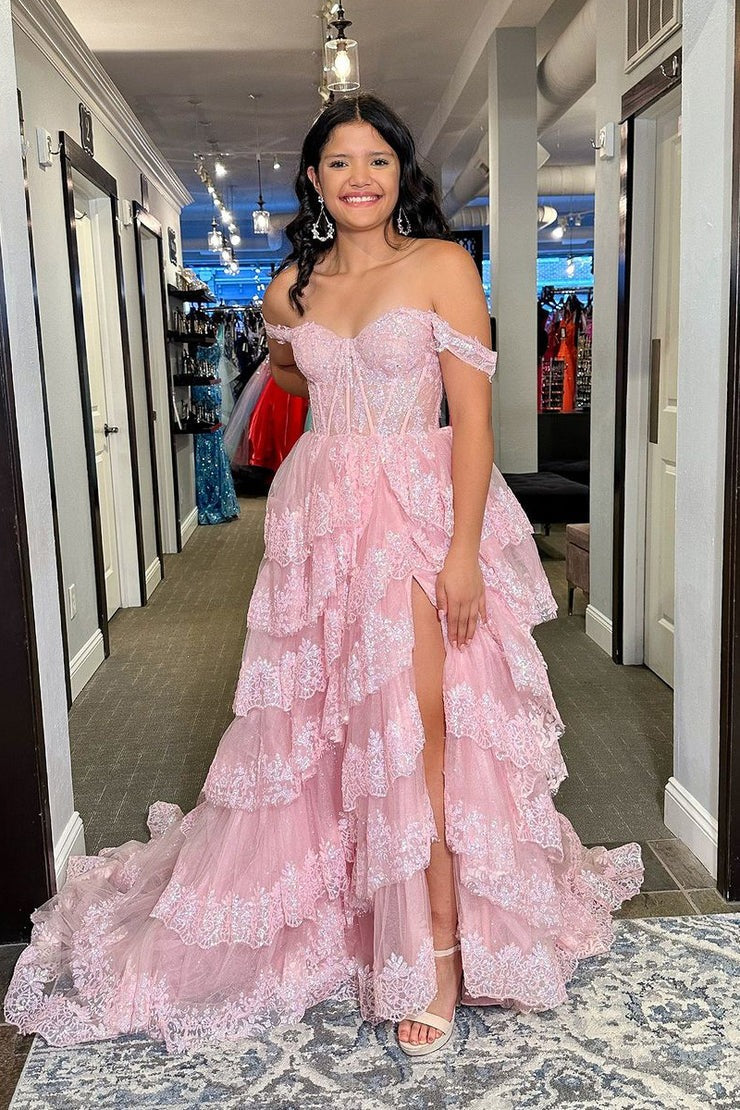 Pink Off the Shoulder Tiered Tulle Lace Long Prom Dress with Slit, PD25789