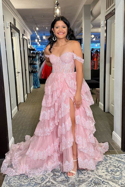 Pink Off the Shoulder Tiered Tulle Lace Long Prom Dress with Slit, PD25789