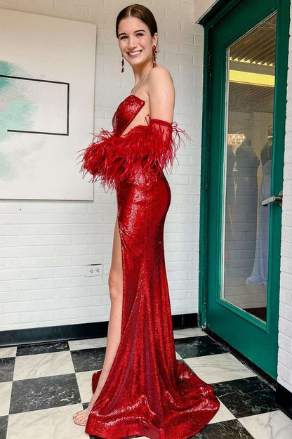 Sequin Feather Strapless Slit Mermaid Long Prom Dress, PD25720