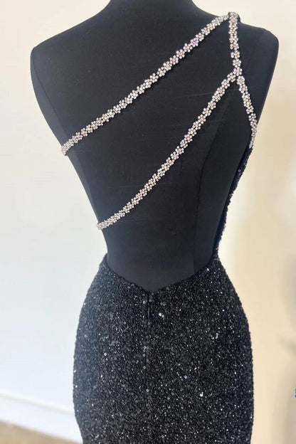 Black One Shoulder Mermaid Sequin Rhinestone Long Prom Dress, PD25730