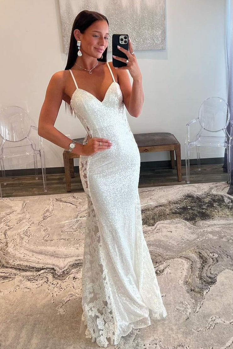 White Mermaid V Neck Sequins Long Prom Dresses with Appliques, PD25610