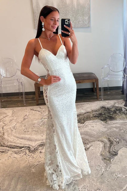 White Mermaid V Neck Sequins Long Prom Dresses with Appliques, PD25610