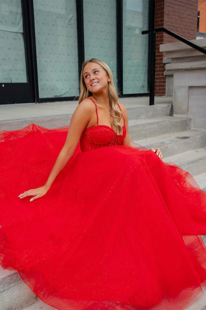Red Glitter Straps Beaded A - Line Formal Dress with Slit, PD25677