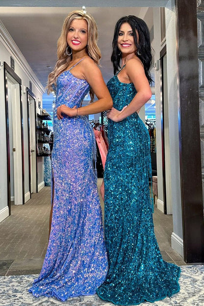 Sparkly Mermaid Scoop Neck Sequins Long Prom Dress with Fringe, PD25380