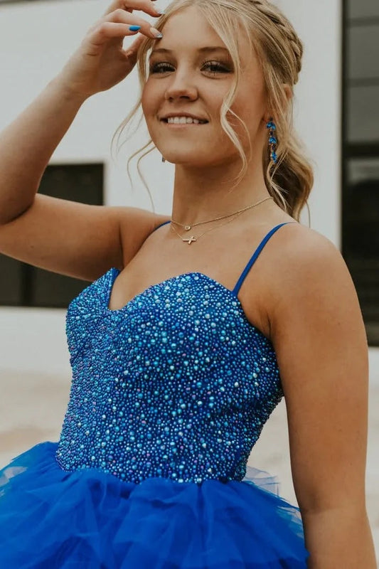 Blue A Line Sweetheart Tiered Tulle Prom Dress with Beading, PD25769