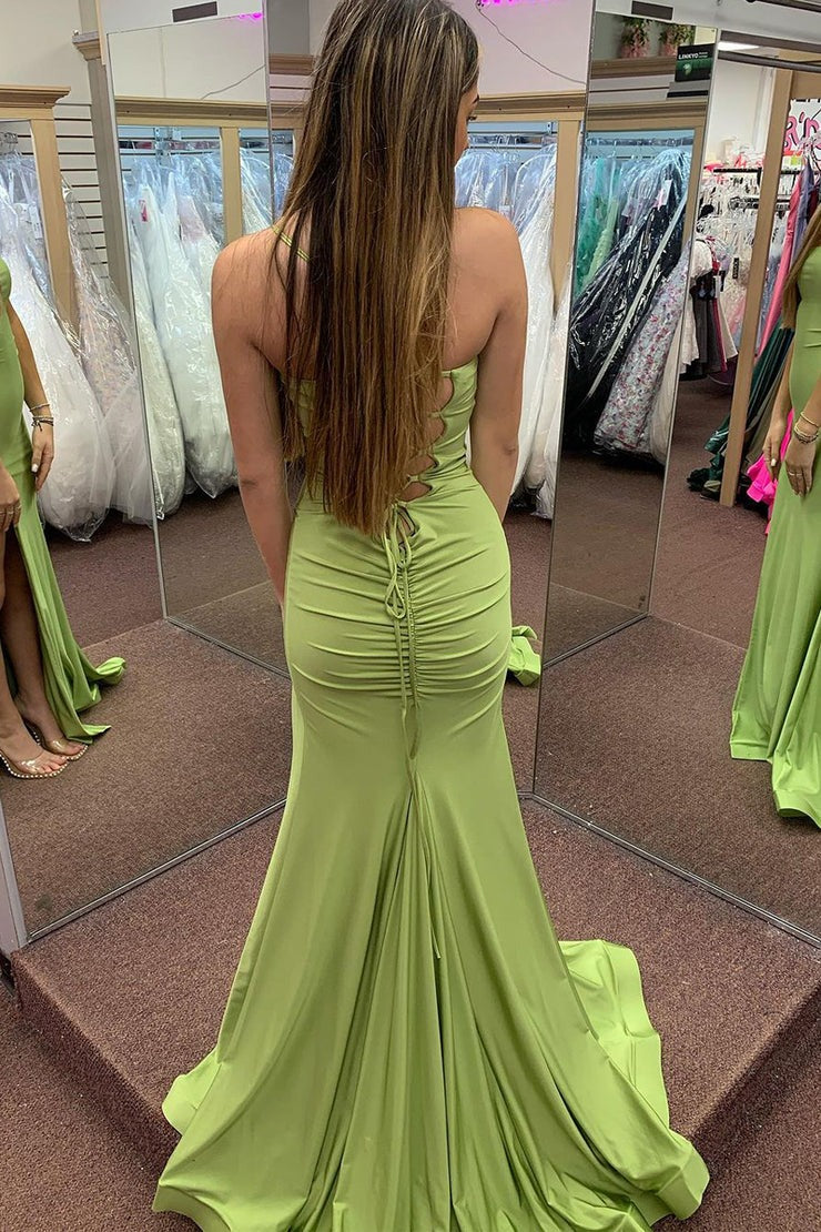 Sage Green Satin Mermaid Spaghetti Straps Long Prom Dresses, PD25400