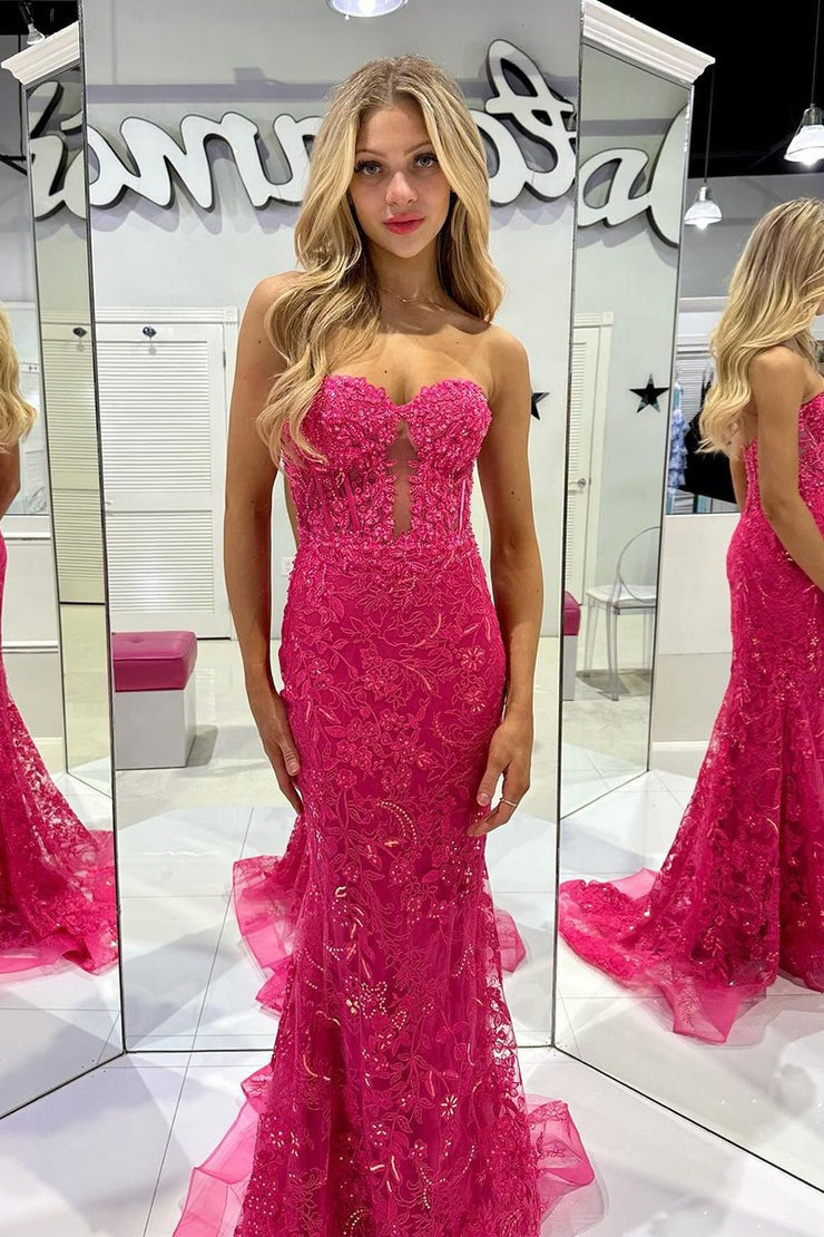 Mermaid Sweetheart Fuchsia Tulle Lace Long Prom Dress, PD25470
