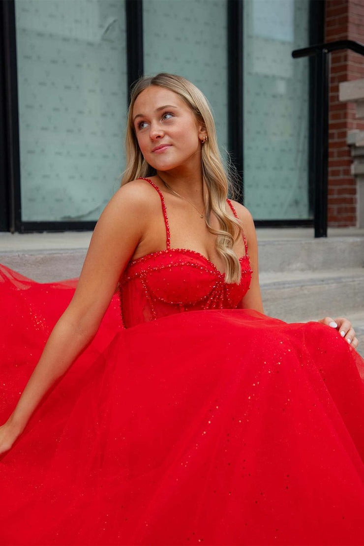 Red Glitter Straps Beaded A - Line Formal Dress with Slit, PD25677