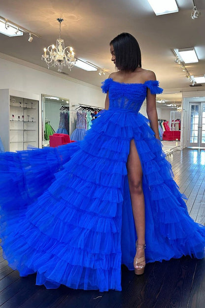Royal Blue Tulle Off the Shoulder Ruffle Tiered Long Prom Dresses, PD25479