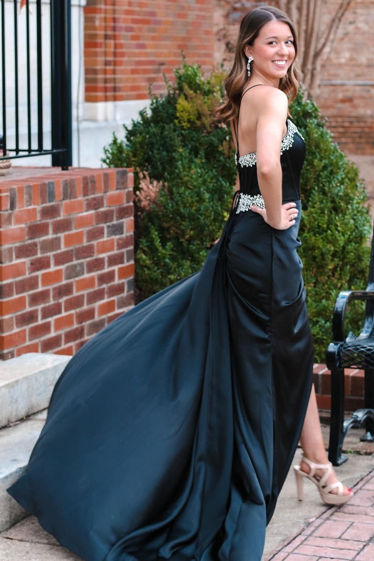 Black V-Neck Rhinestone Long Formal Dress with Attached Train, PD25689