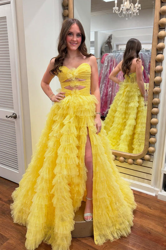 Yellow Strapless A-Line Tulle Ruffle Tiered Long Prom Dress with Slit, PD25820
