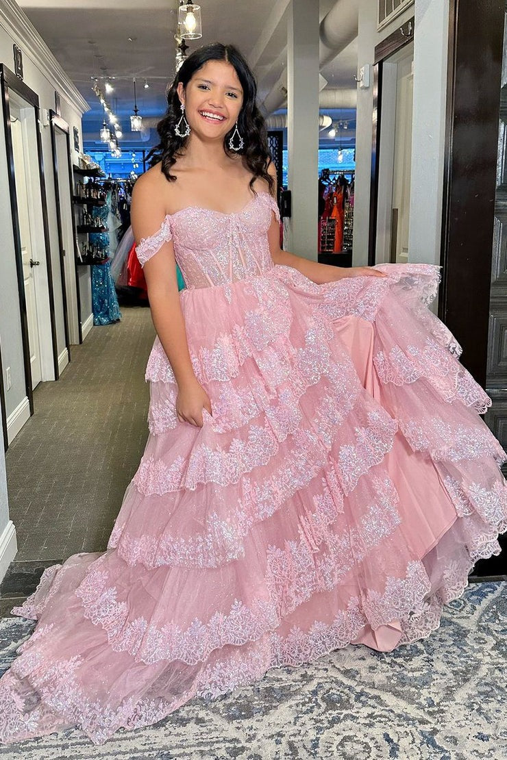 Pink Off the Shoulder Tiered Tulle Lace Long Prom Dress with Slit, PD25789