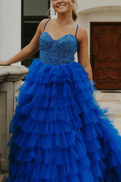 Blue A Line Sweetheart Tiered Tulle Prom Dress with Beading, PD25769