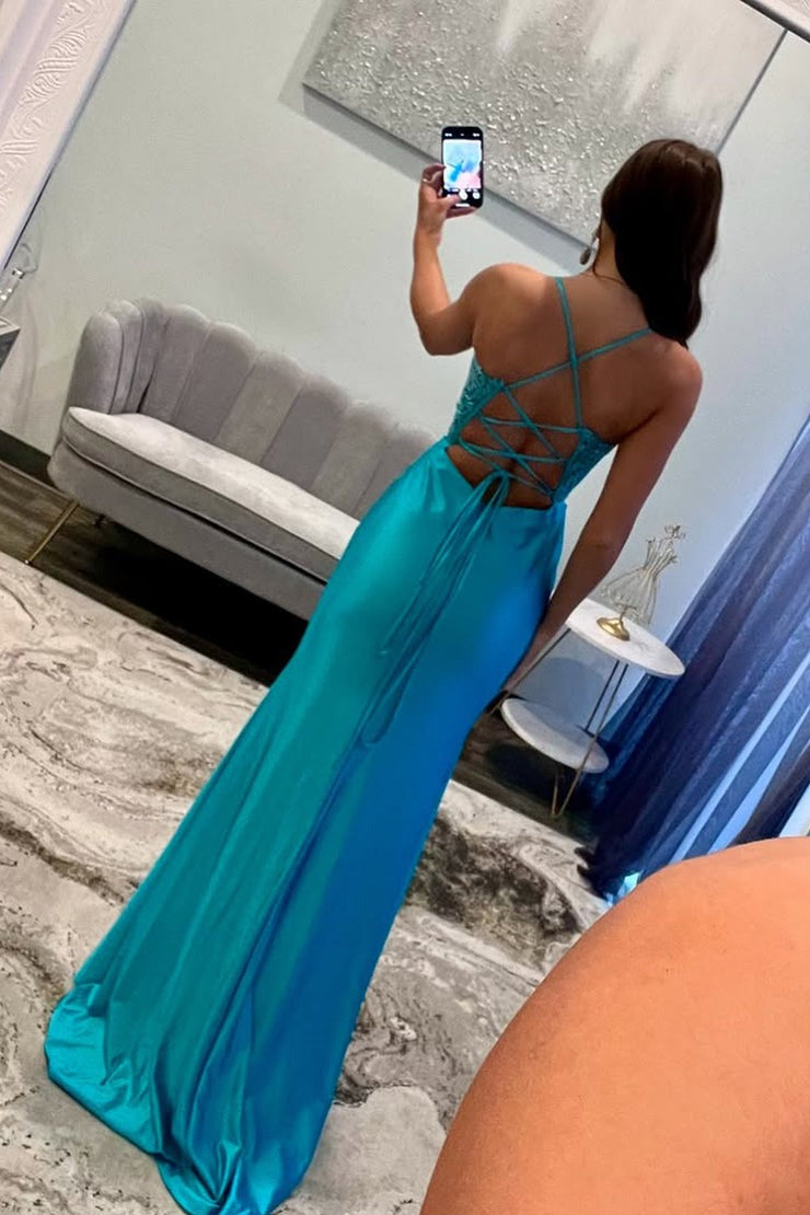 Blue Mermaid Straps Satin Slit Prom Dress with Appliques, PD25568