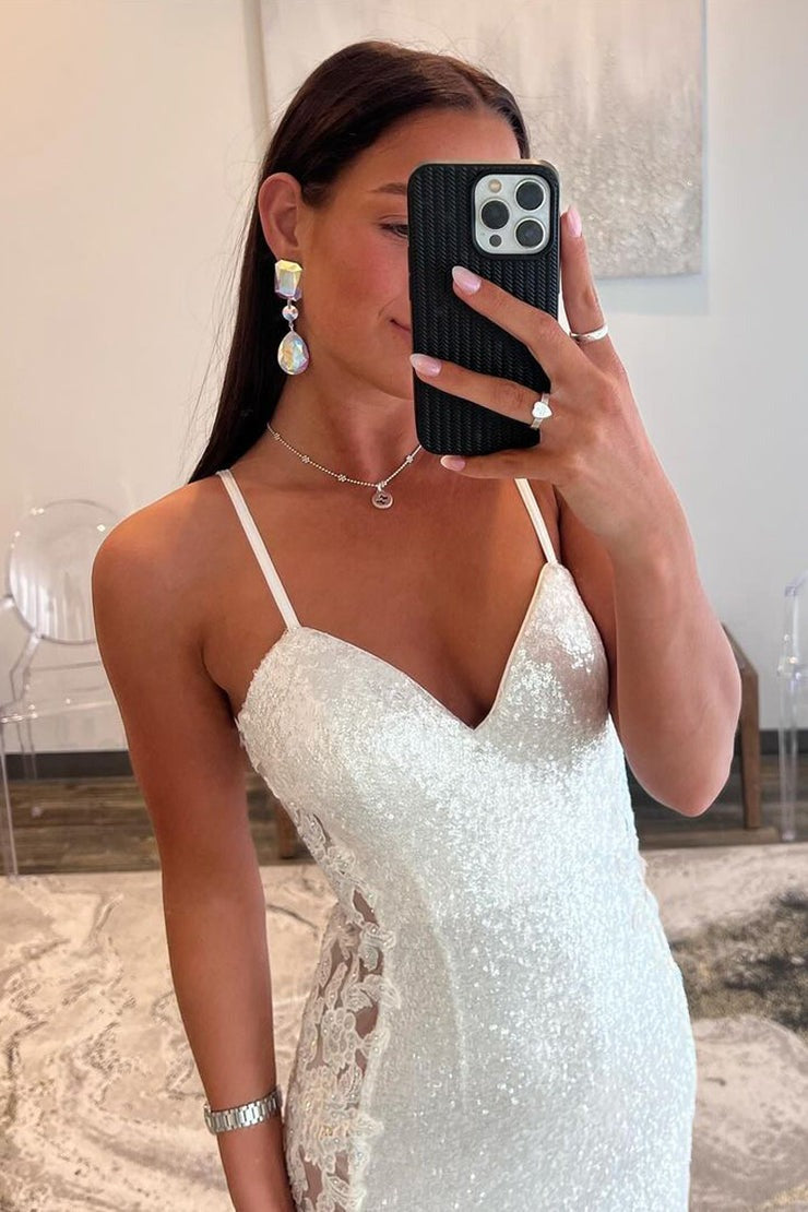 White Mermaid V Neck Sequins Long Prom Dresses with Appliques, PD25610