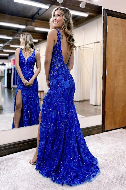 Royal Blue Sequin Mermaid V Neck Long Prom Dress with Slit, PD25490