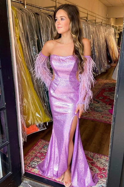 Sequin Feather Strapless Slit Mermaid Long Prom Dress, PD25720