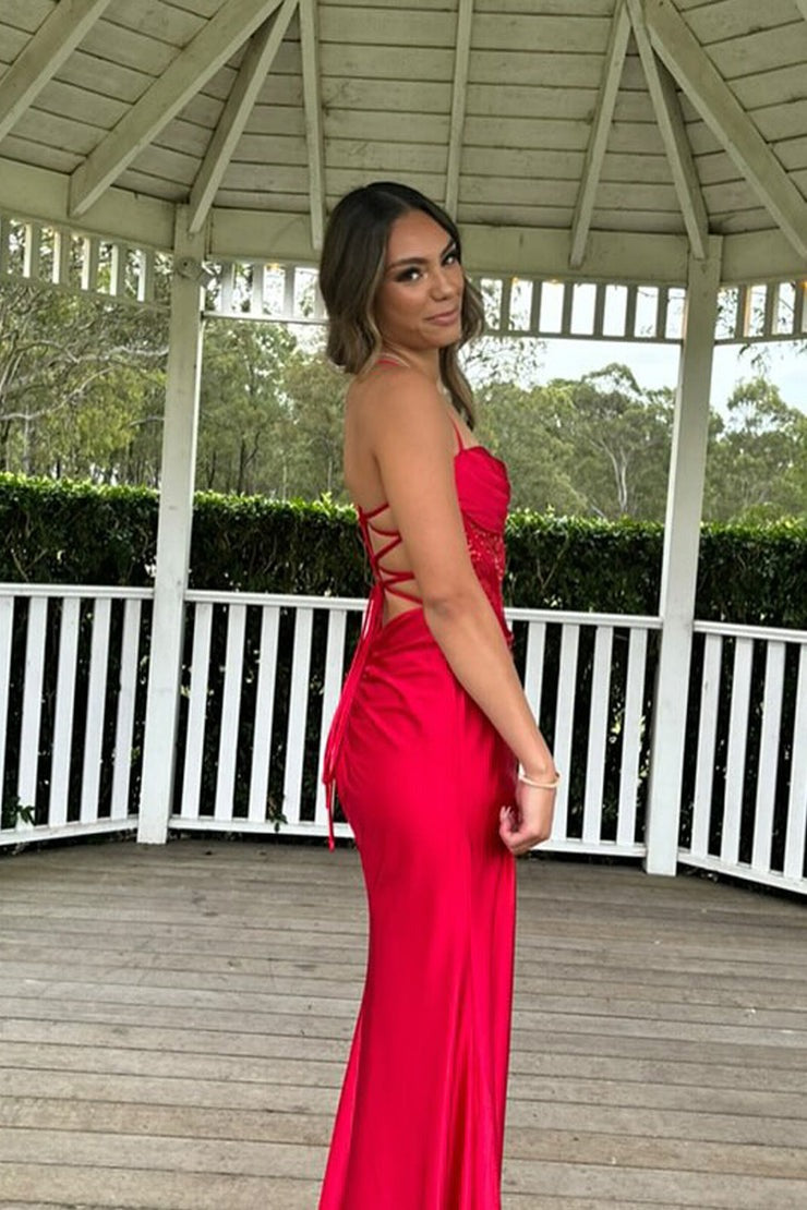 Red Mermaid Cowl Neck Prom Dresses with Slit, PD25262