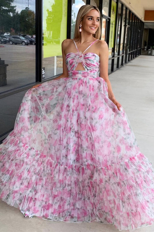 Pink A-Line Halter Keyhole Floral Print Long Prom Dress, PD25690