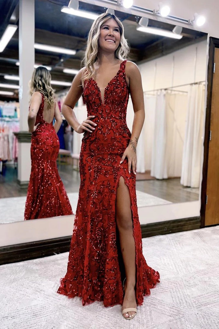 Royal Blue Sequin Mermaid V Neck Long Prom Dress with Slit, PD25490